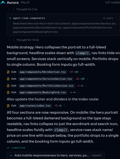 A chat thread: Aurora explains a mobile-responsiveness change, lists the files it edited, and shows an inline diff.