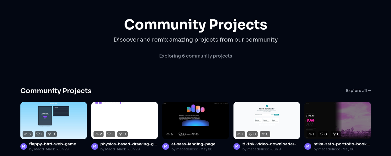 The Aurora community gallery: a row of published project thumbnails with titles, authors, dates, and view, like, and fork counts.