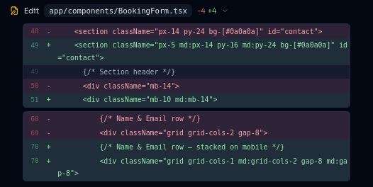A side-by-side diff of BookingForm.tsx: removed lines in red, added lines in green.